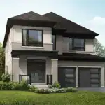 Exterior view of a luxury Lakehaven detached home with a contemporary flat-roof design, light stone facade, and a two-car garage with modern glass inserts.