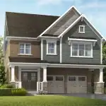 Two-story Lakehaven single-family home rendering featuring a traditional gabled roof, red brick exterior, and sage green siding with a white pillar porch.