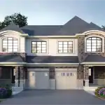 Exterior rendering of a luxury semi-detached home in Milton Village featuring a dark brick and light stone facade, arched windows, and two-car garages.