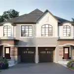 Architectural rendering of a modern semi-detached house at Milton Village with light grey stone siding, white stucco accents, and red brick porch columns.
