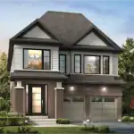 Exterior rendering of a 36-foot detached home at Cachet Binbrook, featuring a double-car garage, brick and siding exterior, and gabled rooflines at sunset.