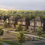 High-angle streetscape rendering of the Cachet Binbrook community, showing a row of luxury detached homes, paved sidewalks, and lush green landscaping.