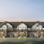 Exterior elevation of a row of modern townhomes at Cachet Binbrook, featuring a mix of stone and siding accents with integrated garages.