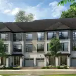 Architectural rendering of traditional townhouses at The Enclave at Sharon Village, showcasing grey stone and light brick exteriors, integrated garages, large multi-pane windows, and manicured streetfront greenery.