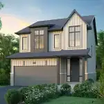 Modern two-storey detached home exterior at Avon Park featuring white board and batten siding and a grey garage.