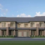 Modern row of brick and siding townhomes at Avon Park featuring integrated garages and landscaped front yards.