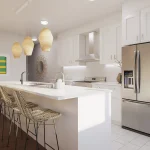 Luxury kitchen at Alister at Solterra featuring white shaker cabinets, stainless steel Whirlpool appliances, a large waterfall island, and woven pendant lighting.