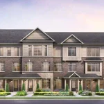 Architectural rendering of 17-foot rear lane townhouse elevations with brick and stone facades at Trails of Whitevale community.