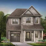 Exterior rendering of a 30-foot detached home featuring a grey stone and brick exterior with a single-car garage at Trails of Whitevale.