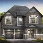 Architectural rendering of a 40-foot detached two-story home with a two-car garage, brick facade, and stone accents at Trails of Whitevale.