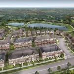 Aerial master plan rendering of the Trails of Whitevale neighborhood featuring townhouse blocks, single-family homes, surrounding green space, walking paths, and a central pond.