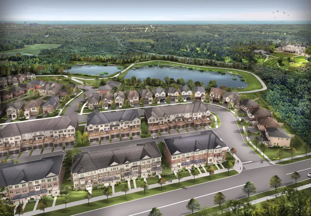 Aerial master plan rendering of the Trails of Whitevale neighborhood featuring townhouse blocks, single-family homes, surrounding green space, walking paths, and a central pond.