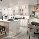 Modern open-concept kitchen rendering at Trails of Whitevale featuring white cabinetry, a marble waterfall island with bar seating, stainless steel appliances, and an adjacent breakfast nook.