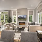 Modern interior rendering of a Trails of Whitevale living room featuring a wall-mounted fireplace, flat-screen TV, neutral-toned sofa, accent armchairs, and bright windows with natural light.