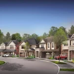 Streetscape rendering of Trails of Whitevale showcasing multi-story modern townhomes with brick and stone facades, attached garages, paved driveways, and landscaped front yards.