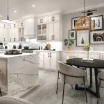 Modern open-concept kitchen rendering with white shaker cabinetry, marble waterfall island, and dining area at Trails of Whitevale.