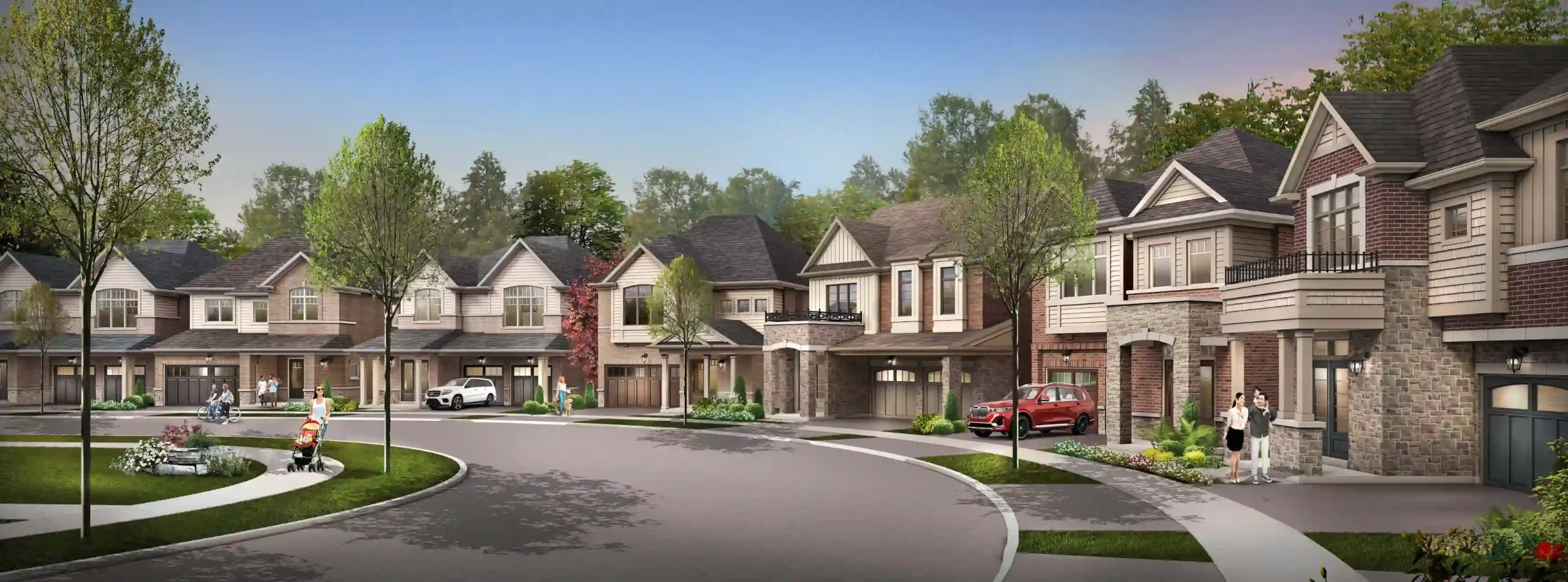 Streetscape rendering showing new single-family homes, landscaped yards, and sidewalks in the Trails of Whitevale neighborhood.