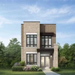 Exterior rendering of a modern 26-foot detached home at Upper East Side Unionville, highlighting a narrow lot architectural design with flat rooflines, a light stone facade, large black-framed windows, and a lush green backyard backdrop.