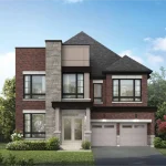 Premium 45-foot detached luxury home rendering at Upper East Side Unionville, featuring a two-car garage, red brick and natural stone masonry, a covered glass front entryway, and a sloped shingle roof.