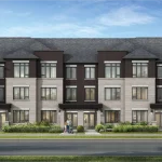 Contemporary multi-unit townhouse development at Upper East Side Unionville, displaying a mix of dark brick, light stone accents, large windows, and manicured street-side landscaping.