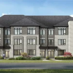 Modern three-story townhome block rendering at Upper East Side Unionville, featuring contemporary light grey stone, neutral siding, dark-framed windows, landscaped front gardens, and a paved walkway.
