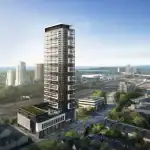 Exterior aerial rendering of 1515 Pickering Parkway, a modern high-rise condominium tower in Pickering, featuring a multi-story podium with a green roof, located adjacent to Highway 401 and overlooking the city skyline.