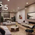 Interior rendering of the resident party room at 1515 Pickering Parkway, featuring a modern fireplace, wall-mounted TV, stylish lounge seating, and a designer kitchenette with a breakfast bar.