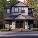 Front exterior view of a Creekside Trail luxury semi-detached home featuring grey siding, light stone masonry, black window frames, and a covered front porch with professional landscaping.