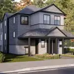 Angled architectural rendering of a multi-story residential building at Creekside Trail showcasing modern grey and stone exterior finishes, surrounding greenery, and a paved walkway.