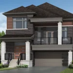 Modern double car garage detached home at Mattamy Homes Wildflowers, featuring a dark brick exterior, large second-floor balcony with glass railings, and white stone pillar accents.