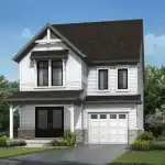 Front elevation of a single car garage detached home in the Wildflowers community by Mattamy Homes, featuring a farmhouse-inspired white board and batten exterior with a covered front porch.