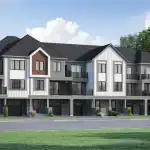 Exterior rendering of Mattamy Homes Wildflowers Village Homes, featuring modern three-storey townhomes with grey and white siding, wood accents, private balconies, and built-in garages.