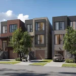 Exterior street-level rendering of The Hudson detached luxury homes at The Winston Collection, showcasing modern three-story brick and dark metal facades with built-in garages.
