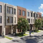 Streetscape architectural rendering of The Chelsea townhomes at The Winston Collection, featuring contemporary multi-toned brick facades, landscaped sidewalks, and active community life.