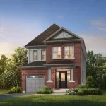 Architectural rendering of a 30-foot detached two-story single-family home at Winchester Estates, featuring a red brick facade, grey siding details, a single-car garage, and landscaped front yard under a clear blue sky.
