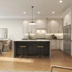 Interior rendering of a bright, modern open-concept kitchen and dining area at Winchester Estates, featuring light wood flooring, a dark central island with bar stools, white cabinetry, stainless steel appliances, and a minimalist chandelier over the dining table.