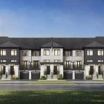 Architectural front rendering of a modern townhome block at Winchester Estates, showcasing a symmetrical design with white brick facades, dark grey accents, individual built-in garages, and second-story balconies.