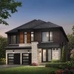 Exterior rendering of a contemporary two-story detached home at Caledon Club, featuring a dark brick and light stone facade, a two-car garage, and landscaped front yard at dusk.