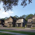 Architectural rendering of a residential streetscape at Caledon Club, showing a row of modern two-story detached homes with brick and stone facades under a clear blue sky.