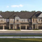 Front elevation rendering of a luxury townhouse block at Caledon Club, featuring gray brick cladding, gabled roofs, vertical siding accents, and individual garages.