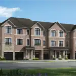 Exterior architectural rendering of Mattamy Homes Union 3-storey townhomes featuring traditional light brown brick, stone accents, dark gabled roofs, and built-in single-car garages.