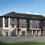 Modern 3-storey townhome design at Mattamy Homes Union showcasing a contemporary facade with dark brick, light stone siding, flat rooflines, and sleek glass-paneled garage doors.