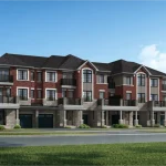 Streetscape rendering of Mattamy Homes Union Village Homes featuring red brick exteriors, stone bases, second-floor balconies with black railings, and covered front entryways.