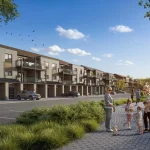 Exterior community rendering of The Block on Clair urban townhomes, featuring modern facades with balconies, a paved pedestrian walkway with people and children, and landscaped green spaces.