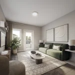 Bright and modern living room interior rendering at The Block on Clair townhomes, featuring an olive green sofa, large windows with natural light, contemporary decor, and stylish neutral-toned furnishings.