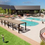 Architectural rendering of the Hillside Hub community center at The Grove Townhomes at Wildflower, showcasing outdoor swimming pools, a covered patio pavilion, a children's play area, and a large green lawn.