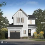 Architectural rendering of a 32-foot single-detached home by Minto at Wildflower, showcasing a modern farmhouse style with white vertical siding, black trim, and a dark single-car garage door.