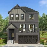Architectural rendering of a 34-foot single-detached home at Wildflower, featuring a contemporary dark charcoal gray exterior, a front-facing balcony above a double-car garage, and a modern covered entryway.