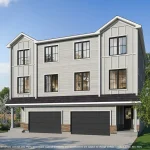 Architectural rendering of a modern three-story semi-detached home at Wildflower, featuring a light gray board and batten exterior, black window frames, and two dark gray double-car garage doors.