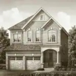 Exterior rendering of a 36-foot detached luxury home at Bayview Trail, featuring a two-car garage, arched windows, and a brick facade.